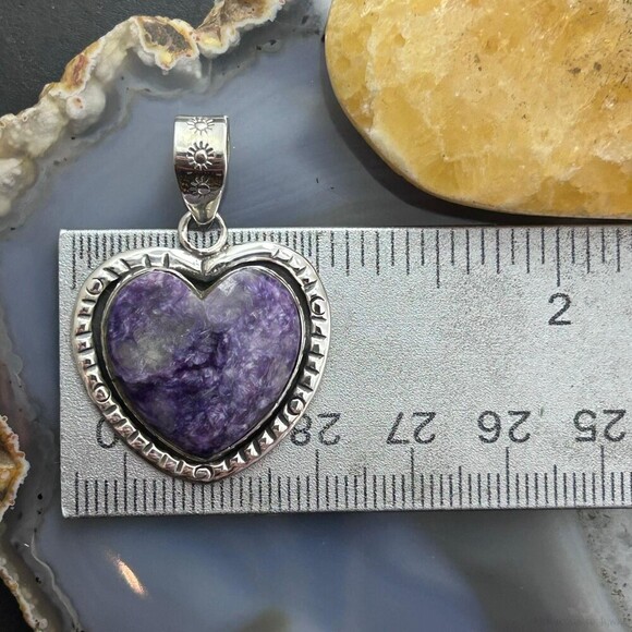 Sterling Silver Southwestern Style Charoite Decorated Heart Pendant For Women #1 - Picture 9 of 10